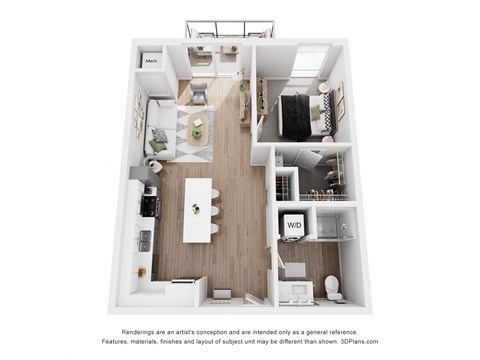 Floor plan for 1 bed, 1 bath, 748 sqft